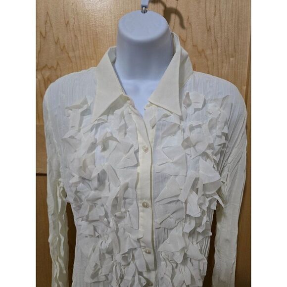 Du Jour Trend Right Now Womens White Ruffle Button-Down Blouse L Polyester - Picture 1 of 7